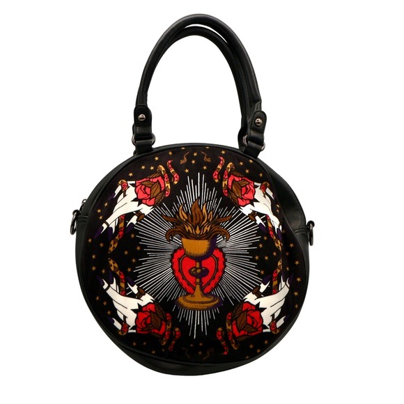 Banned Alternative Round Satchel Bag Gothic Tattoo Art Sacred Heart Roses - Picture 2 of 10